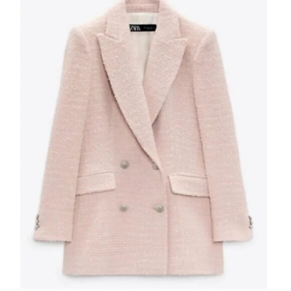 ZARA TEXTURED TWEED DOUBLE BREASTED BLAZER PINK - Picture 2 of 9